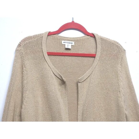 Artisan NY Sweater Cardigan Womens Sz L beige Tan Fringed front open long sleeve - Picture 3 of 7